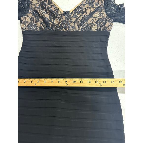 Adrianna Papell Dress Lace Black Nude Tiered 3/4 Sleeves 6 Elegant Event Party - Picture 9 of 12